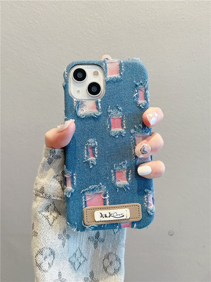 Trendy Denim Phone Case with Distressed Patches Style and Green Fabric Inserts - Stylish Protection for Everyday Use for Unisex