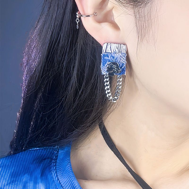 Original Denim and Silver Earrings with Embossed Head and Chain Design - Bold, Edgy, Artistic Style Fashion-forward Looks for Women