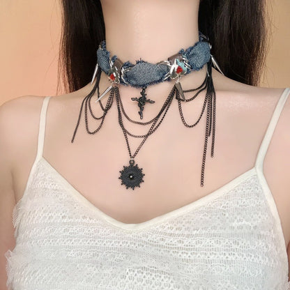 Trendy Denim Chain Necklace with Spikes and Cross Pendant - Bold Design, Ideal for Evening Wear, Concerts, and Street Style for Women