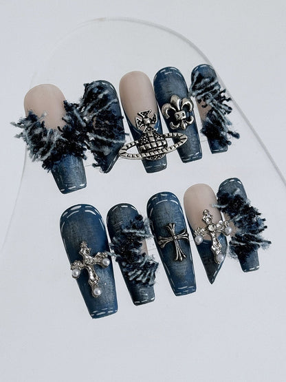 Original Denim Gothic Nail Art Set with Cross and Crown Embellishments - Bold, Edgy, Fashionable Design for Special Occasions and Photoshoots for Women