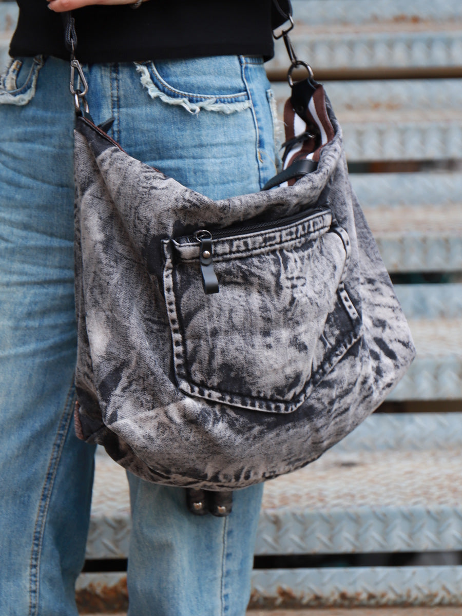 Original Denim Patchwork Shoulder Bag with Distressed Design and Plush Bear - Edgy Streetwear Style for Daily Use and Casual Outings for Unisex