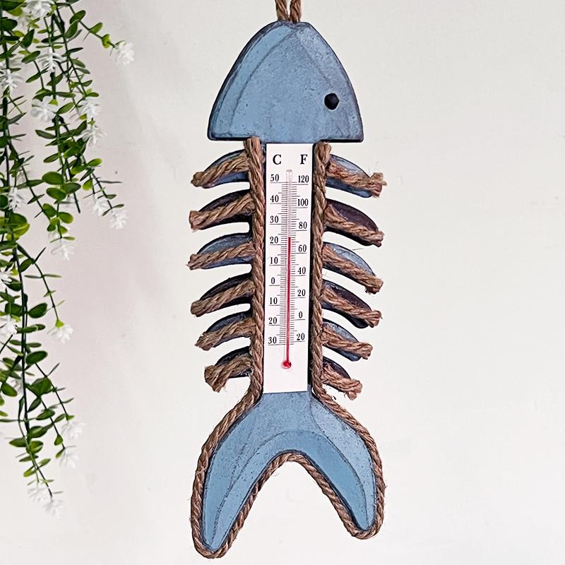 Original Denim Style Wooden Fish Wall Decor with Nautical Design and Thermometer - Rustic Coastal Style for Beach House, Nautical-Themed Spaces, and Home Decoration for Unisex