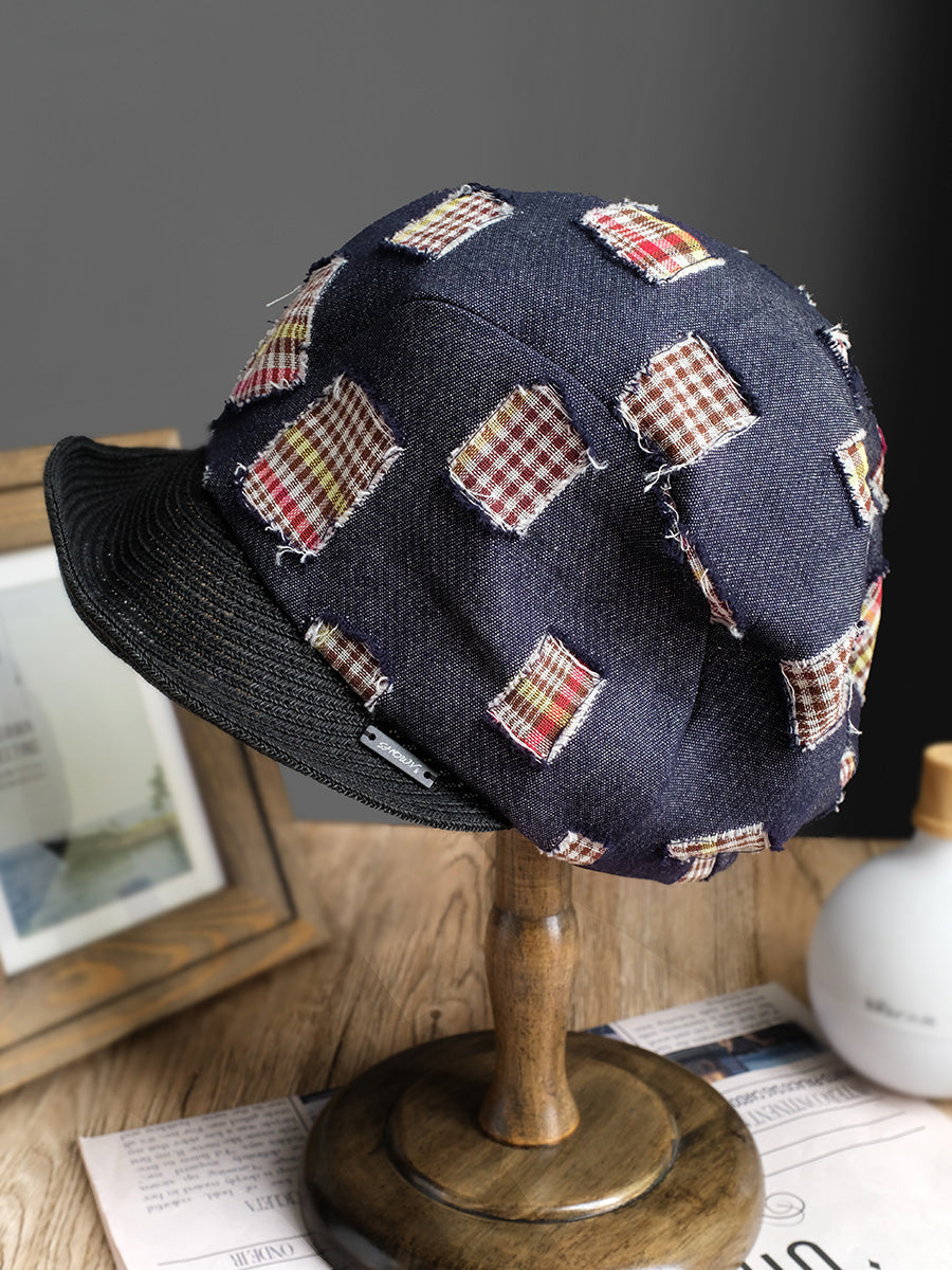 Trendy Patchwork Beret Cap with Colorful Plaid Patches and Straw Brim - Unique Streetwear Design for Casual Outings and Outdoor Events for Unisex