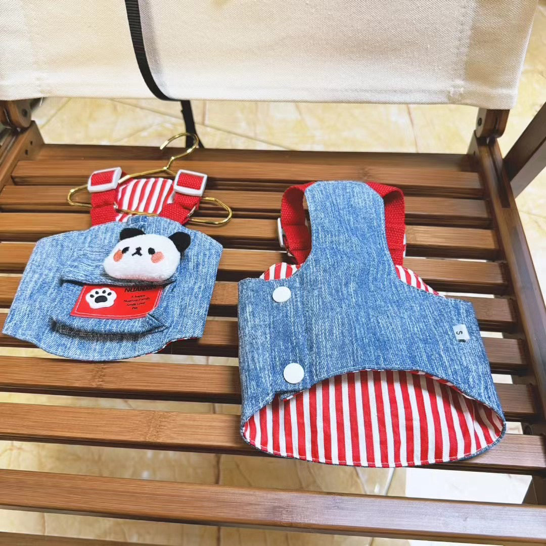 Original Denim Panda Pet Outfit with Matching Hat - Cute and Playful Style for Walks, Outings, and Photoshoots for Pets