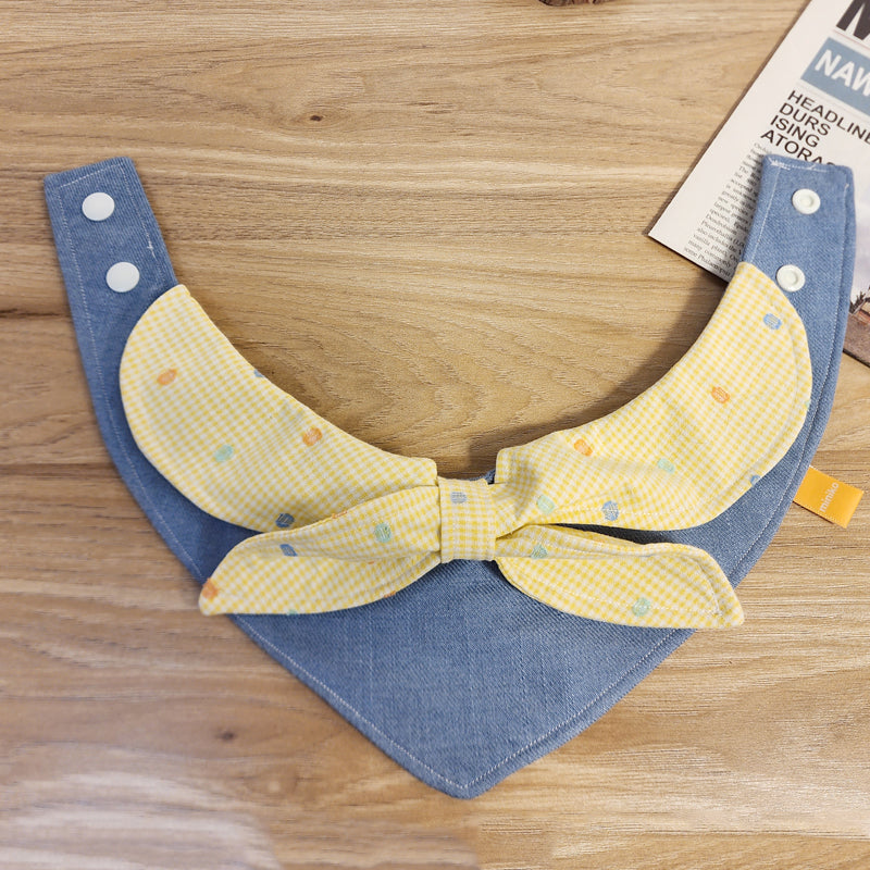 Original Denim Pet Bandana with Gingham Bow Tie and Polka Dots - Cute and Playful Design, Ideal for Daily Wear and Photo Shoots for Pets