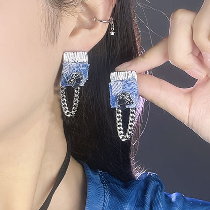 Original Denim and Silver Earrings with Embossed Head and Chain Design - Bold, Edgy, Artistic Style Fashion-forward Looks for Women