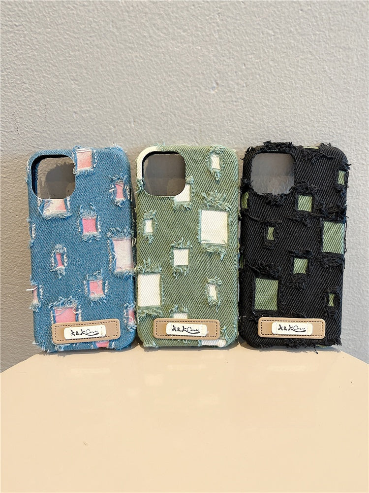 Trendy Denim Phone Case with Distressed Patches Style and Green Fabric Inserts - Stylish Protection for Everyday Use for Unisex