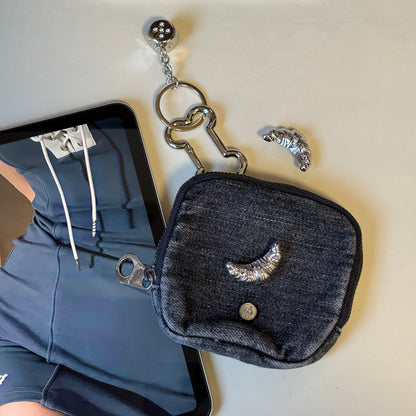 Original Dark Denim Coin Pouch with Metallic Crescent and Chain Keyring - Edgy and Modern Design for Unisex