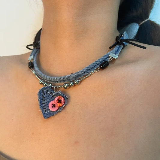 Original Denim Heart Choker with Beads and Button Details - Handmade Edgy Design for Casual Wear, Concerts, and Streetwear Fashion for Women