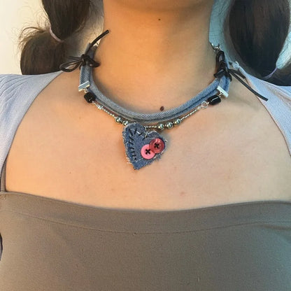 Original Denim Heart Choker with Beads and Button Details - Handmade Edgy Design for Casual Wear, Concerts, and Streetwear Fashion for Women