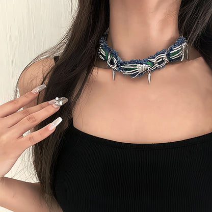 Original Denim Choker - Bold Gothic Style, Skeleton Hand Accent, Lightweight for Unique Women