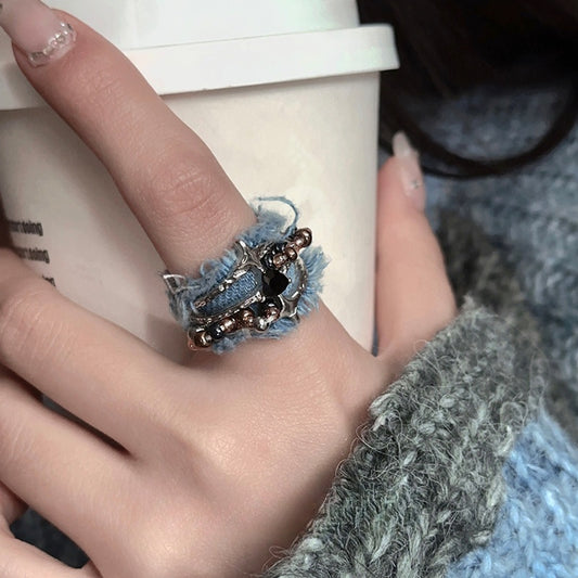 Vintage denim ring - Artistieke kralen statement sieraden