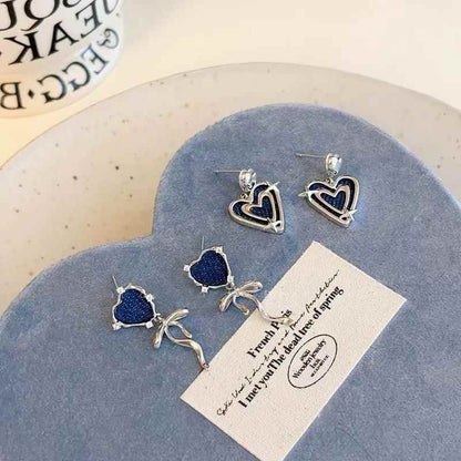 Original Denim Heart Earrings Design with Blue Denim Hearts and Silver Flower Accents – Cute, Trendy for Casual Outings, Special Occasions, Daily Wear, Ideal for Adding a Playful and Chic Look to Your Outfit for Women