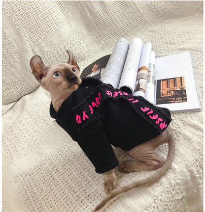 Original Denim fabric laminated with Cotton Pet Hoodie with Pink Graffiti Design - Trendy, Edgy Style, Comfortable and Cool for Casual Outings and Photoshoots for Pets