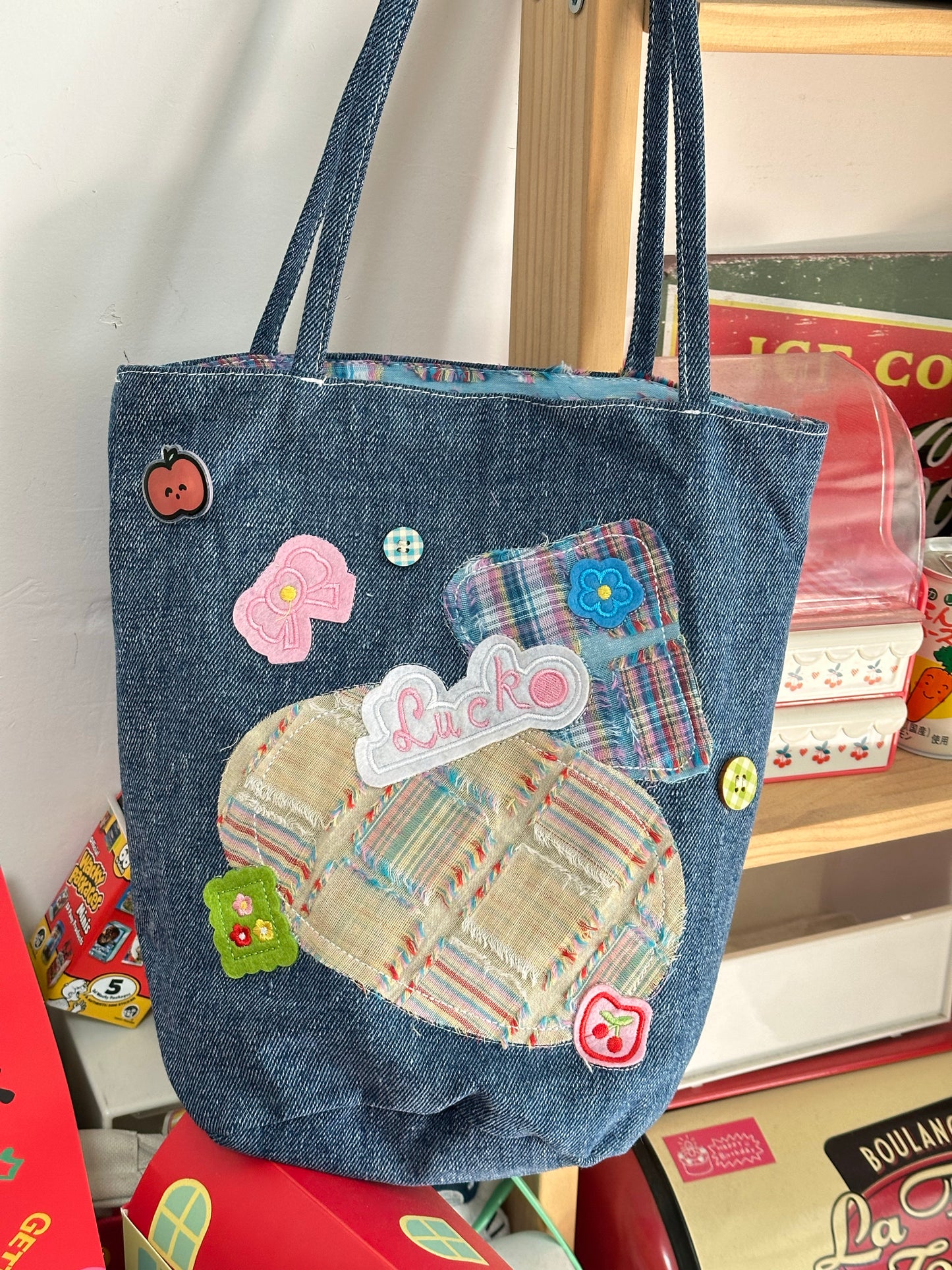 Original Denim Tote Bag with Colorful Patchwork Design - Fun and Casual Style, Ideal for Daily Outings and Light Shopping for Women