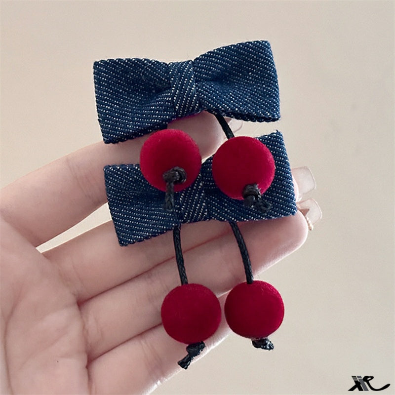 Original Denim Hair Clip with Blue Denim Bow and Cherry Embellishments - Cute, Playful Design, Lightweight, Decorative, Secure Hold for Daily Wear, Parties, and Casual Outings  for Women