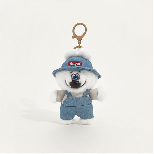 Original Plush Keychain with Fluffy White Plush Bear in Denim Overalls and Bucket Hat - Cute, Playful Design for Bags, Keys, and Accessories, Soft, Lightweight, Portable for Unisex