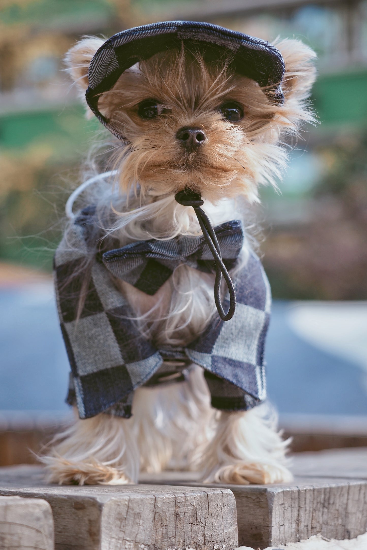 Original Denim Pet Outfit with Checkered Denim Jacket and Matching Cap - Stylish, Cozy, Playful Design, Keeps Them Warm, Durable, and Fashionable for Outdoor Walks and Photoshoots for Pets