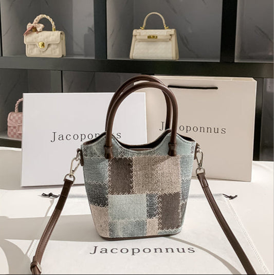 Denim fabric laminated with Polyester Original Checkered Handbag with Leather Accents - Stylish and Casual Design, Ideal for Daily Wear and Shopping for Women