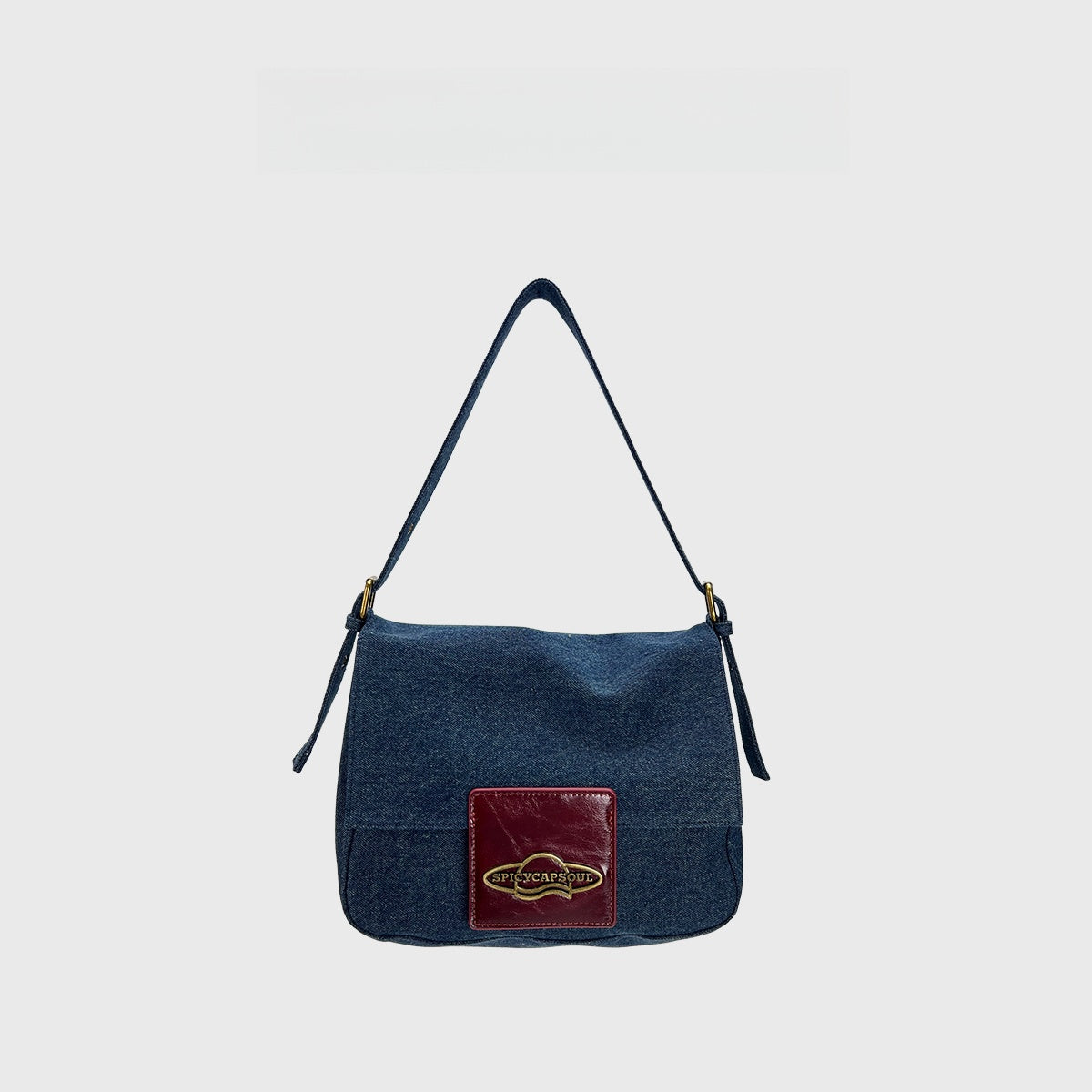 Original Denim and Leather Hand Bag with a Glossy Logo Patch Design in Blue Denim with a Glossy Burgundy Leather Patch and Sleek Flap Design – Stylish, Urban for Casual Outings, Shopping, Everyday Use for Women