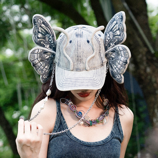 Original Denim Butterfly Cap with Whimsical Design - Expressive and Unique for Casual Outings, Ideal for Women