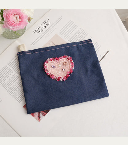 Original Denim Tissue Pouch with Embellished Heart Patch - Cute, Decorative Design for Home, Office, and Travel, Portable, Stylish, Practical for Unisex