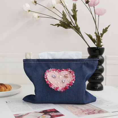 Original Denim Tissue Pouch with Embellished Heart Patch - Cute, Decorative Design for Home, Office, and Travel, Portable, Stylish, Practical for Unisex