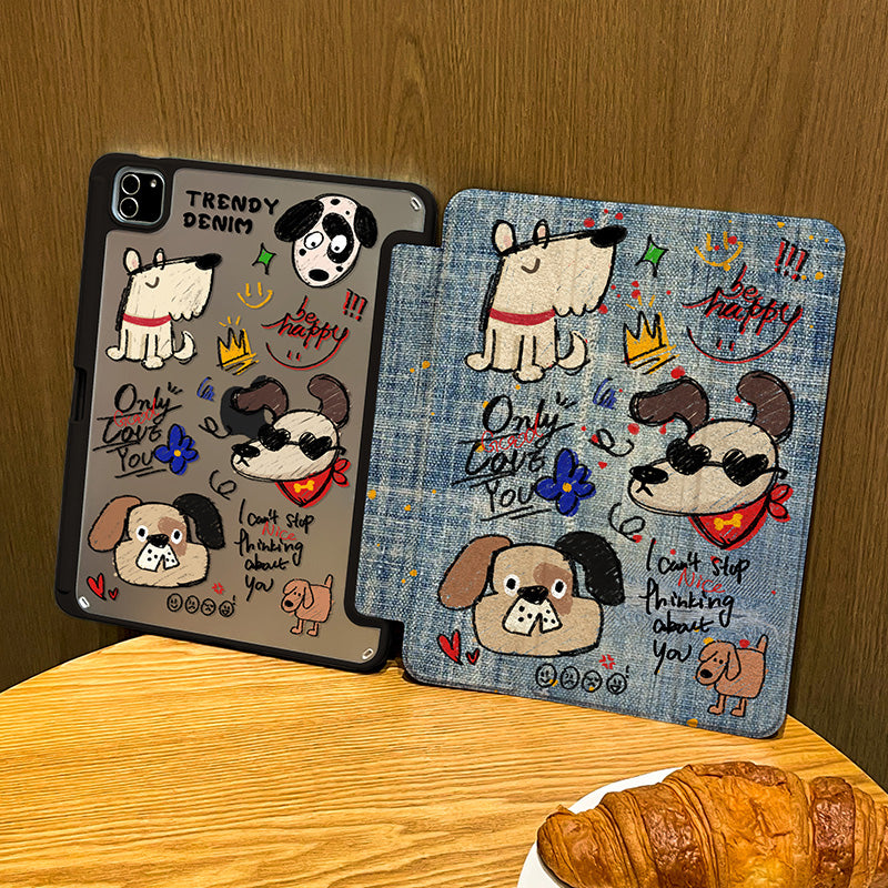 Denim Style Acrylic Original iPad Case with Texture and Playful Dog Illustrations - Fun, Quirky Style, School, and Work, Protective, Durable, Stylish for Unisex