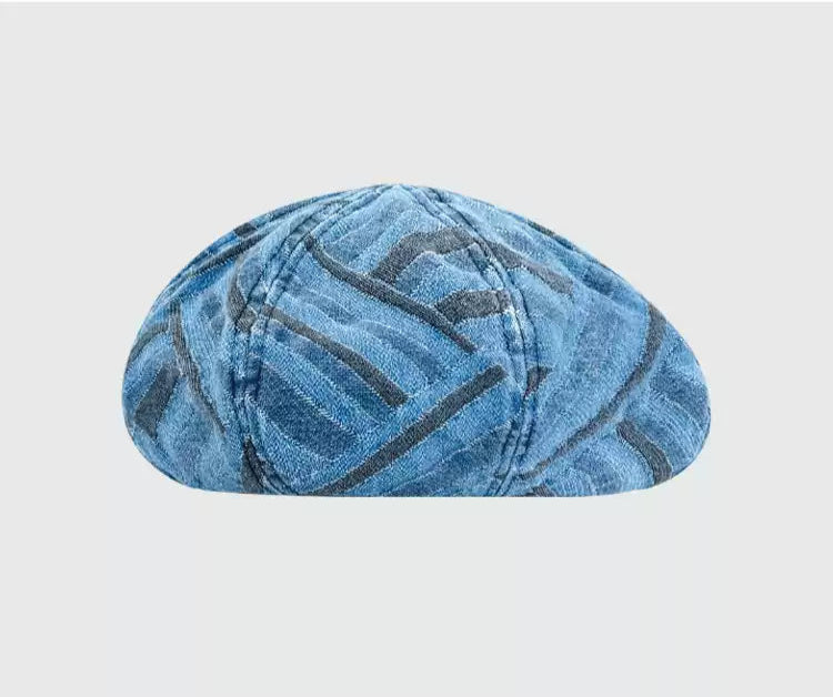 Trendy Abstract Pattern Denim Beret on Soft, Faded Denim - Artistic, Stylish Design, Lightweight and Versatile for Casual Wear, Street Style, and Fashion-Forward Looks  for Unisex