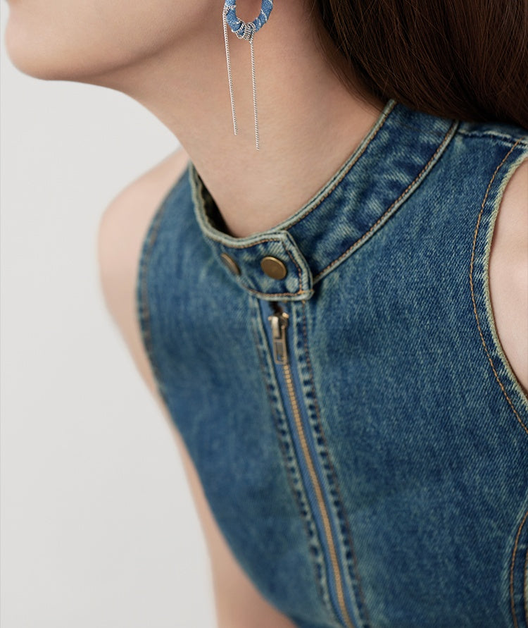 Original Denim Hoop Earrings Design with Blue Denim Wrapped Around Silver Chain and Hanging Silver Chains – Trendy, Edgy for Casual Wear, Fashion Accessories, Parties, Ideal for Adding a Stylish and Versatile Touch to Your Look for Women