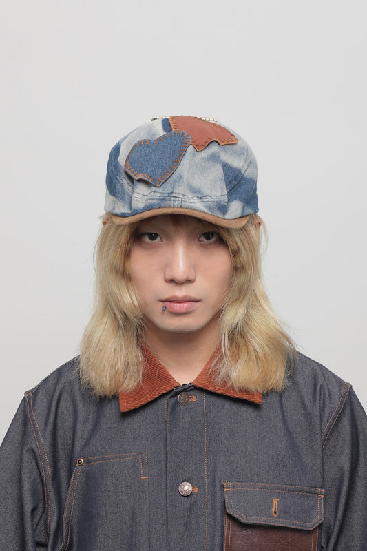 Original Denim Baseball Cap Design with Patchwork Denim and Heart-Shaped Leather Appliqués – Vintage, Artistic for Casual Wear, Street Fashion, Statement Styling, Ideal for Adding a Creative and Nostalgic Touch to Any Outfit for Unisex