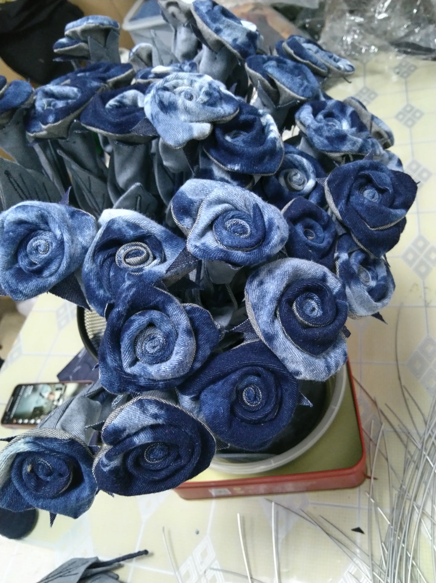 Original Denim Flower Bouquet with Handcrafted Denim Roses in Shades of Blue - Creative, Artistic Design for Home Decor, Gifts, and Special Occasions, Eco-Friendly, Durable, Unique for Unisex