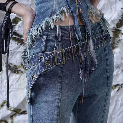 Original Denim Eyelet Belt with Brass Buckle - Trendy and Casual Design, Ideal for Daily Wear and Streetwear for Women