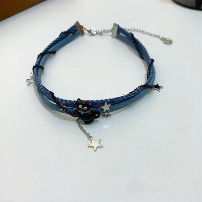 Trendy Denim Cat Star Choker Necklace - Playful and Whimsical Design for Young Women