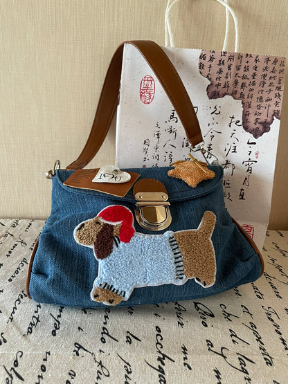 Original Denim Hand Bag with Dog Applique - Playful and Cute Design, Perfect for Daily Outings and Casual Activities  for Women