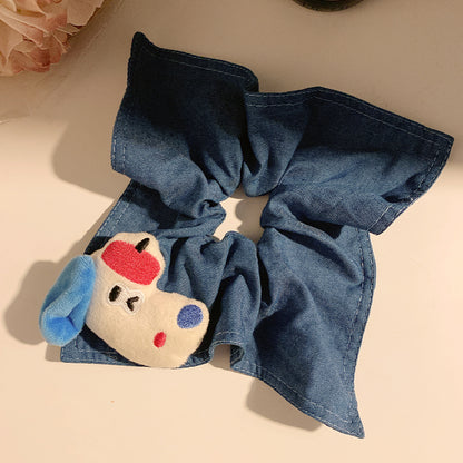 Trendy Soft Denim Scrunchie with Cute Dog Patch Accent - Playful, Casual Design, Lightweight and Versatile for Casual Wear, Everyday Styling, and Artistic Looks for Women