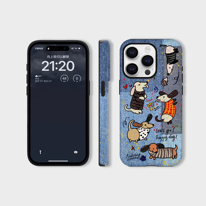 Denim Style Film PC Original Playful Dachshund Denim Phone Case - Quirky Design, Protective, Expressive for Unisex