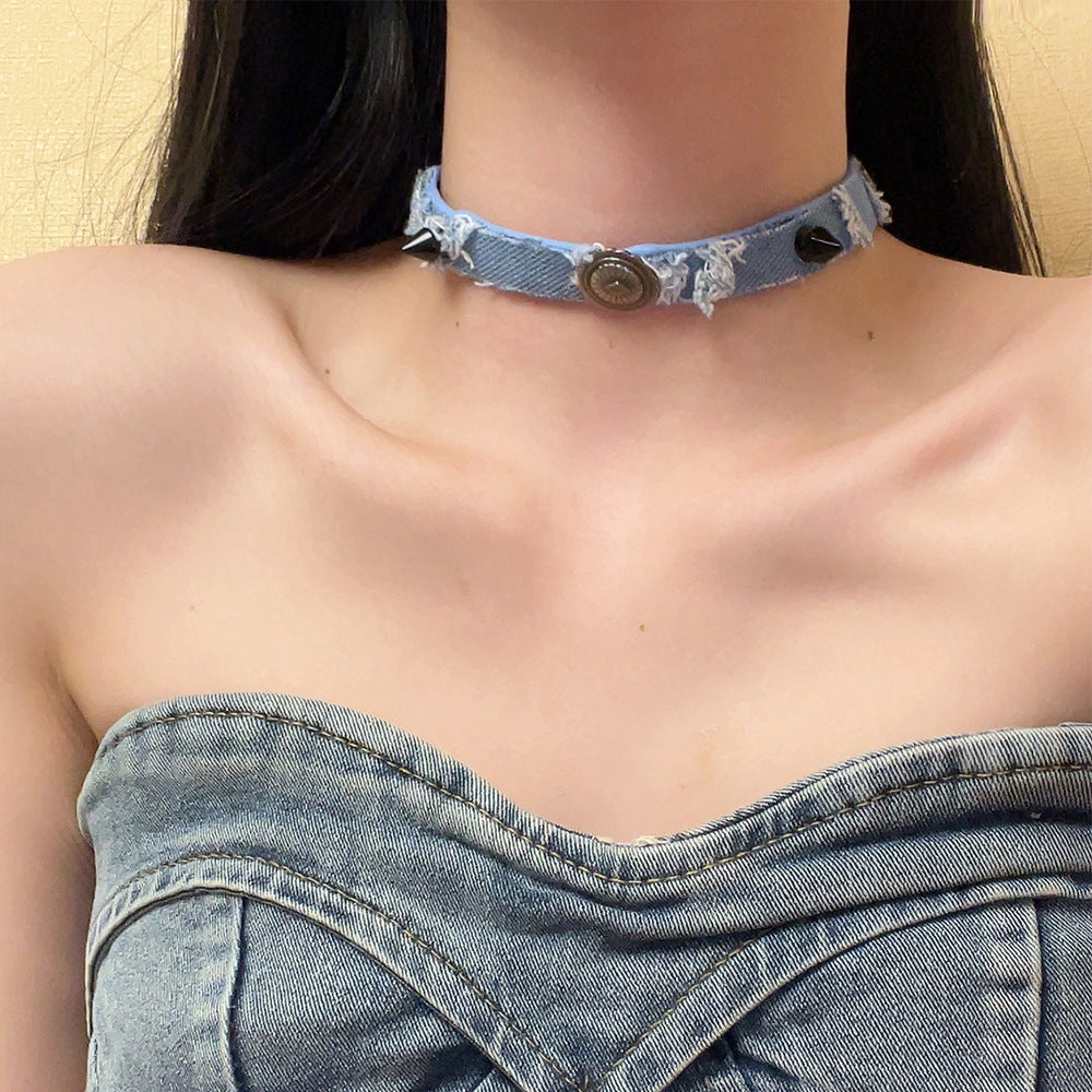 Original Distressed Denim Choker Necklace- Edgy Punk Style, Unique and Lightweight for Casual Wear for Women