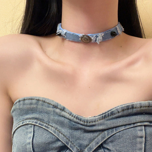 Collana girocollo in denim in stile punk vintage