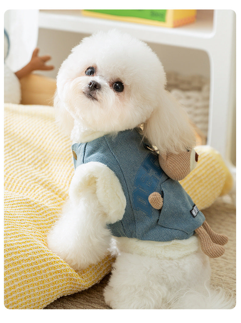 Trendy Denim Pet Vest with Soft Denim and Plush Bear Toy Accent - Cute, Cozy, Playful Design, Provides Warmth and Adds a Touch of Cuteness for Daily Wear and Photo Shoots  for Pets