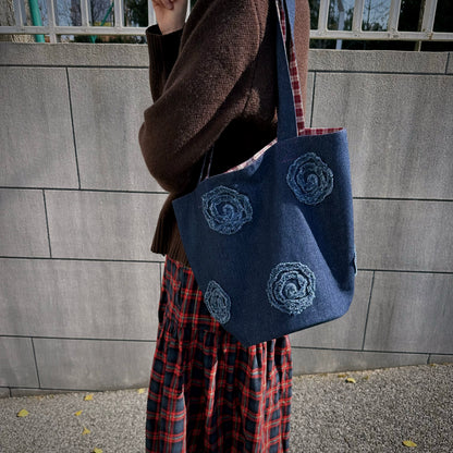 Trendy Denim Shoulder Bag with Blue Denim, Floral Frayed Denim Patches, and Gingham Lining - Casual, Stylish, Versatile Style ,Ideal for Shopping, Daily Use, and Casual Outings for Women