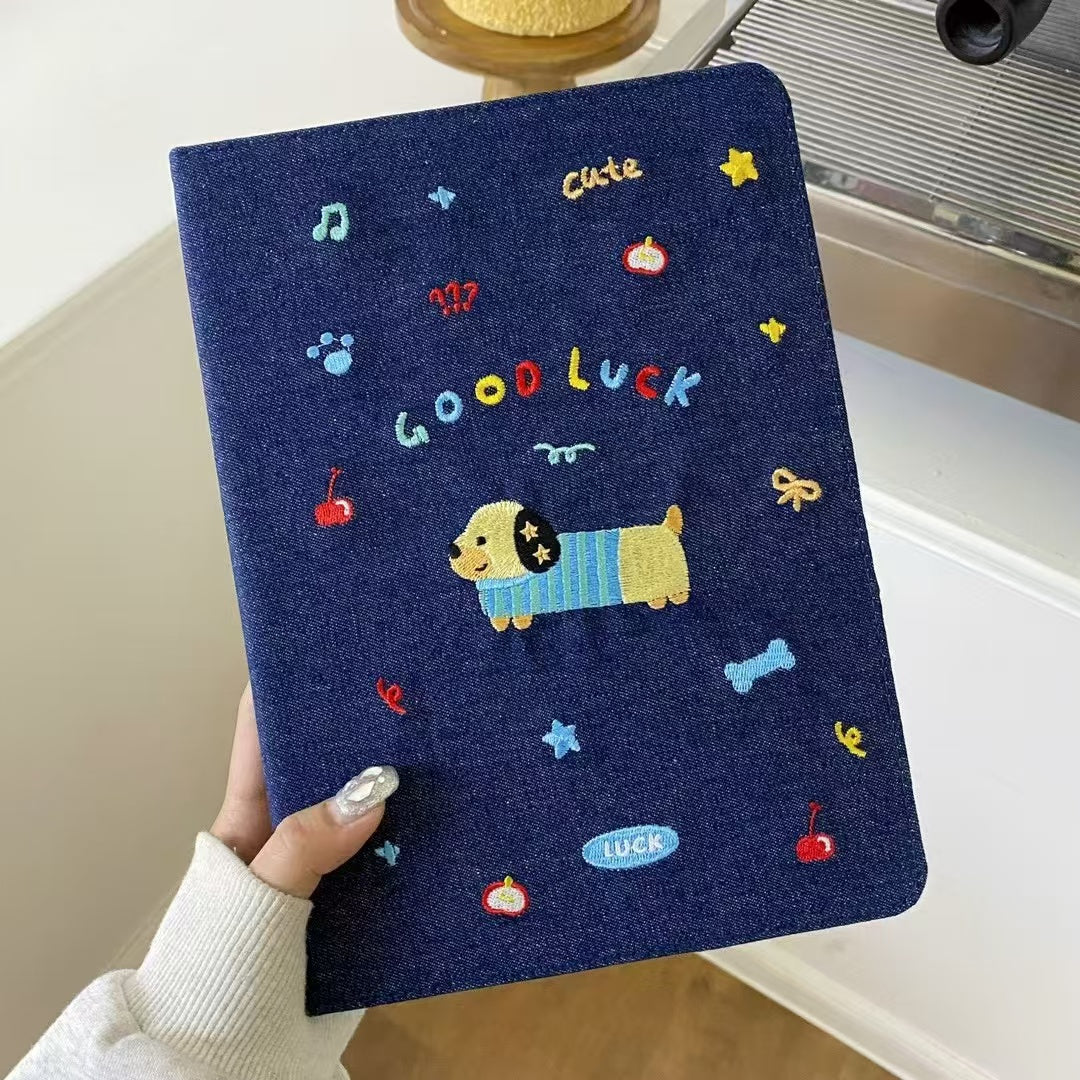 Original Denim Tablet Case Design with Cute Cat Embroidery and Colorful "HAPPY CAT" Text – Playful, Cute for School, Work, Personal Use, Ideal for Adding Fun and Durability to Your Note-Taking Essentials for Unisex