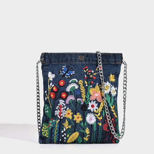 Trendy Floral Embroidered Denim Crossbody Bag - Artistic Bohemian Charm Design for Women