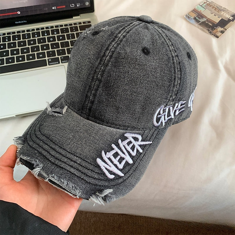 Original Distressed Denim Baseball Cap with Embroidered Text - Trendy and Casual Design, Ideal for Casual Wear and Outdoor Activities for Women