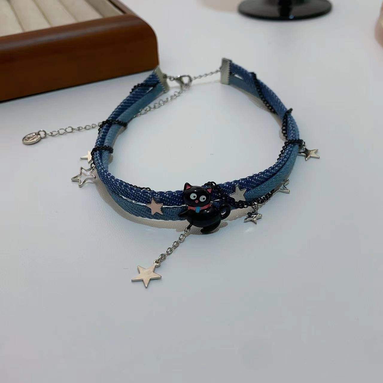 Trendy Denim Cat Star Choker Necklace - Playful and Whimsical Design for Young Women