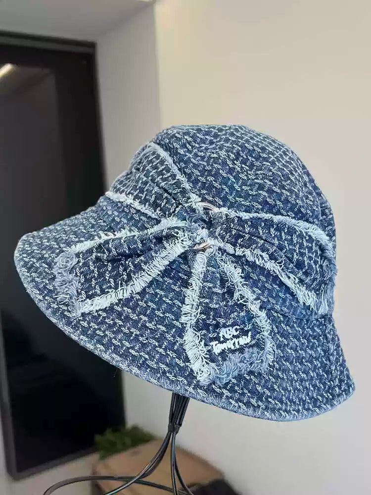 Trendy Blue Denim Bucket Hat with Frayed Bow Accent and Embroidered Logo - Playful, Casual Design, Lightweight and Adjustable for Casual Wear, Outdoor, and Weekend Outings for Women