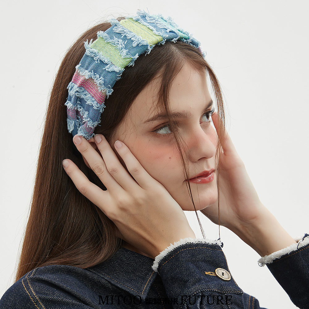 Original Colorful Frayed Denim Headband - Boho Chic Style, Perfect for Young Women