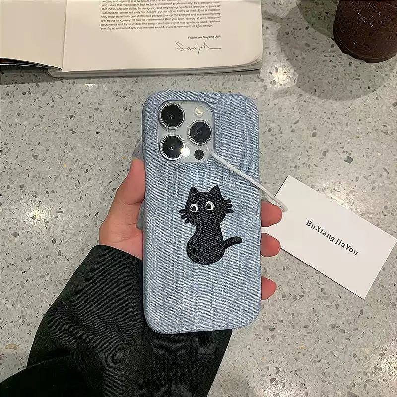 Denim Style Film PC Trendy Cat Embroidered Phone Case - Modern and Cute Design for Young Women