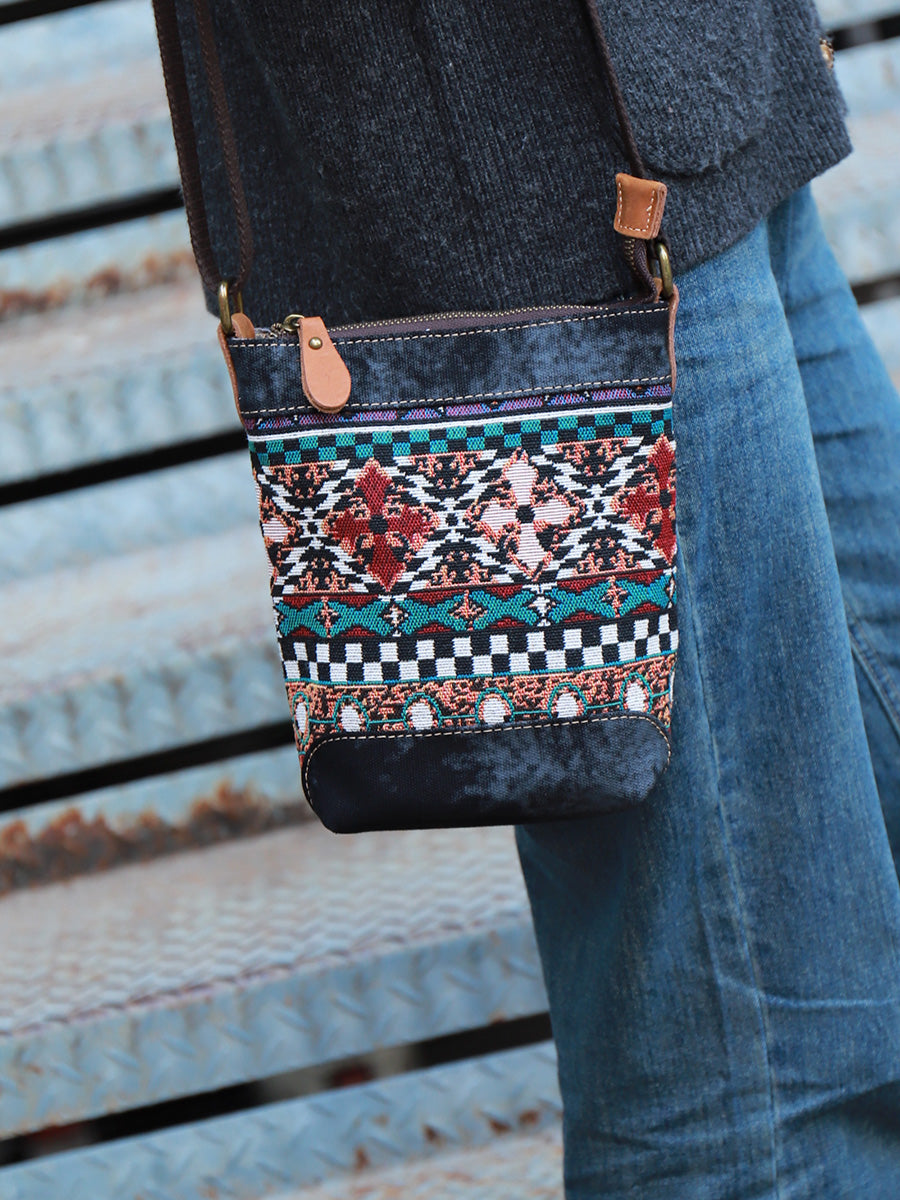 Original Woven Denim Crossbody Bag Design with Multicolored Woven Pattern and Leather Accents – Bohemian, Stylish for Casual Outings, Festivals, Travel, Ideal for Adding Trendy and Practical Style to Your Look for Women