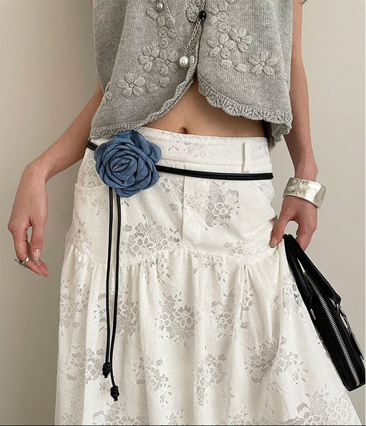 Trendy Denim Rose Belt with Romantic Floral Design - Chic Summer Accent for Casual Outings, Ideal for Women